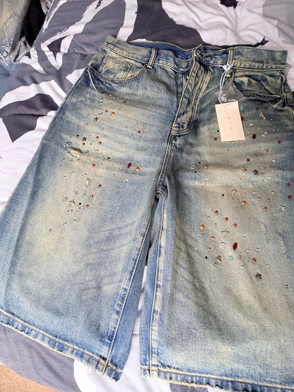 MNML Blue Ultra Baggy Crystal Denim Shorts
